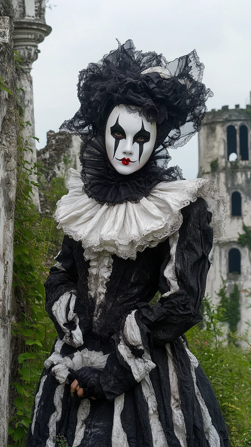 Harlequin figure standing alone in ancient castle ruins