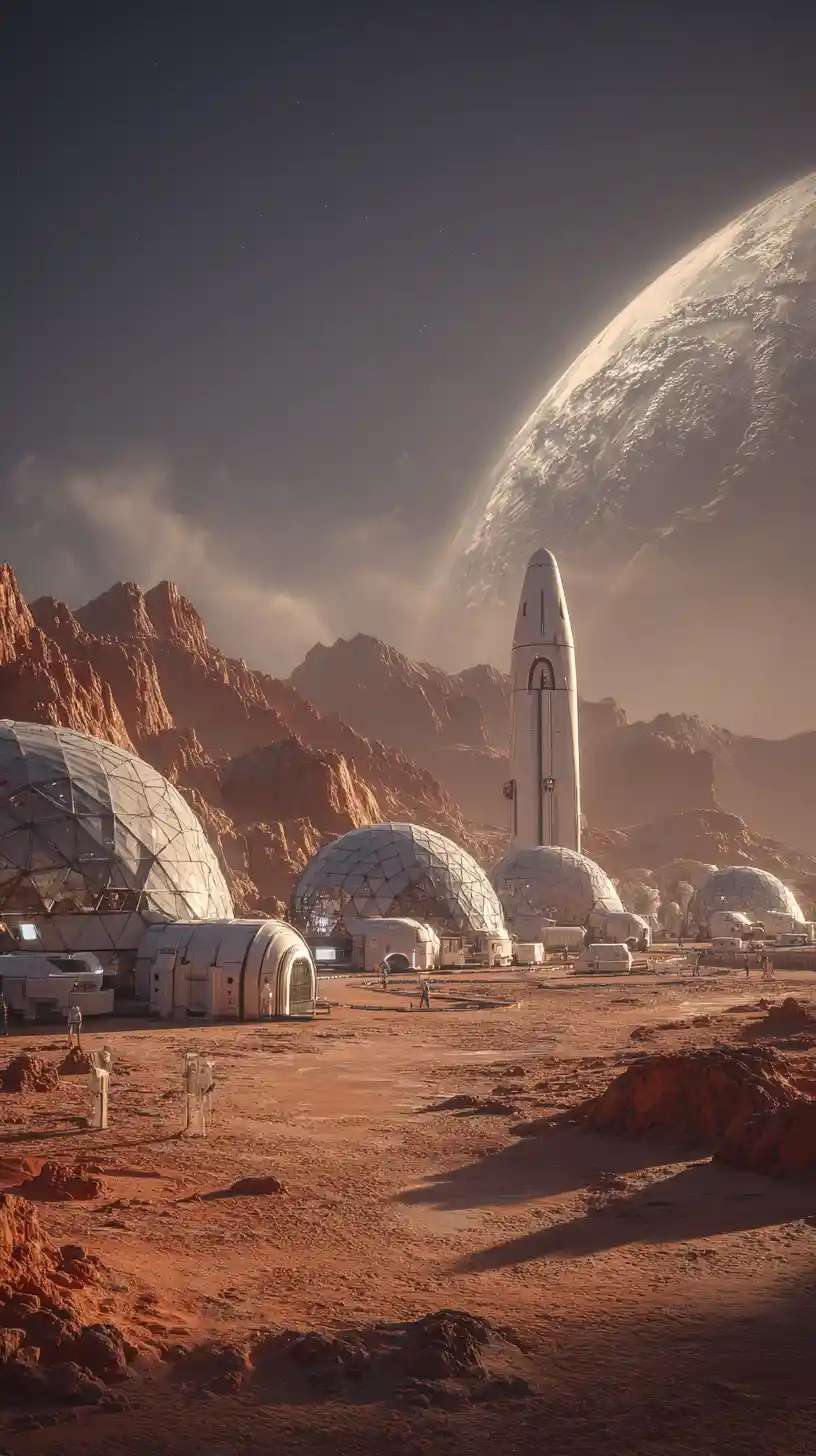Colonie futuriste sur Mars avec dômes et vaisseaux stellaires en atterrissage