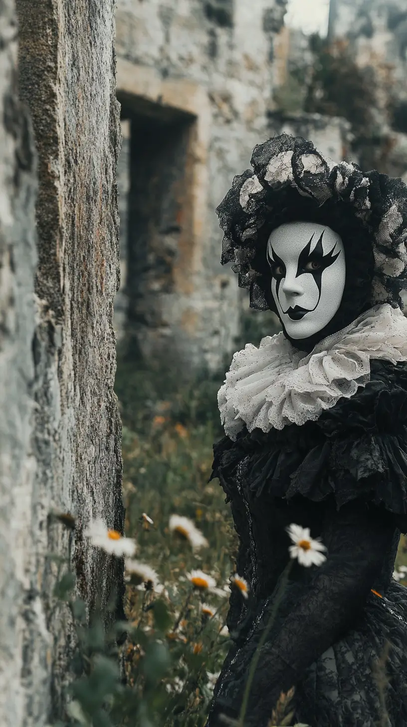 Harlequin in black and white amid ancient castle ruins