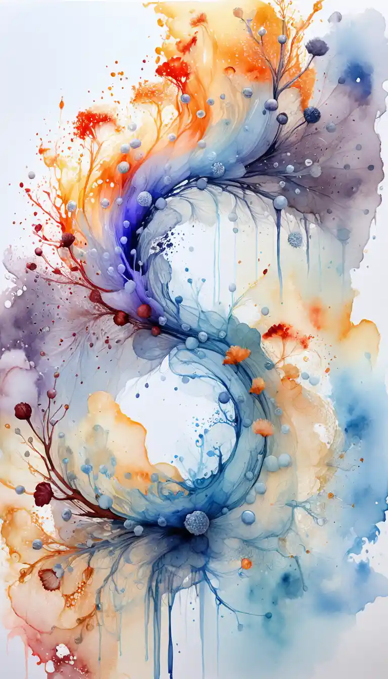 Abstract watercolor swirl with botanical ink details
