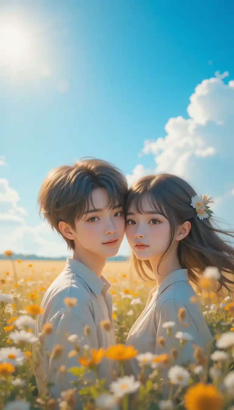Anime couple smiling in a sunlit field at golden hour