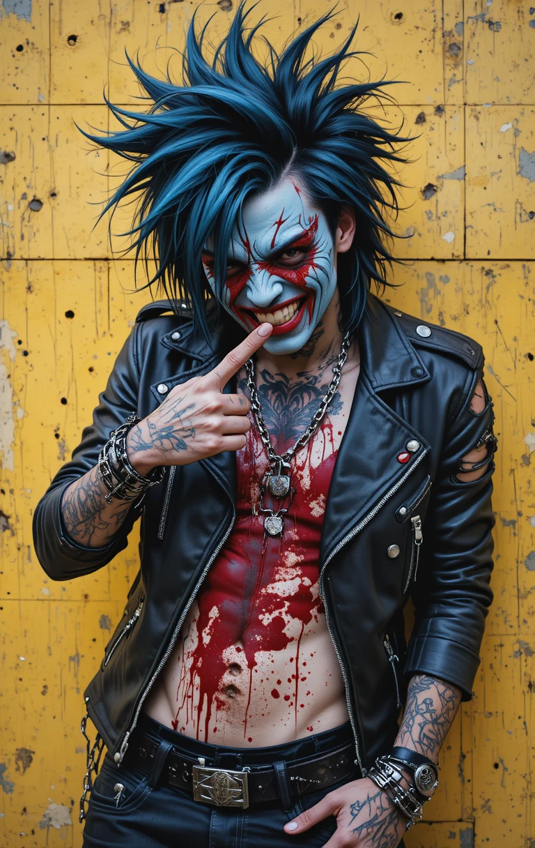 Punk rocker com camisa ensanguentada e pulsos acorrentados sorrindo