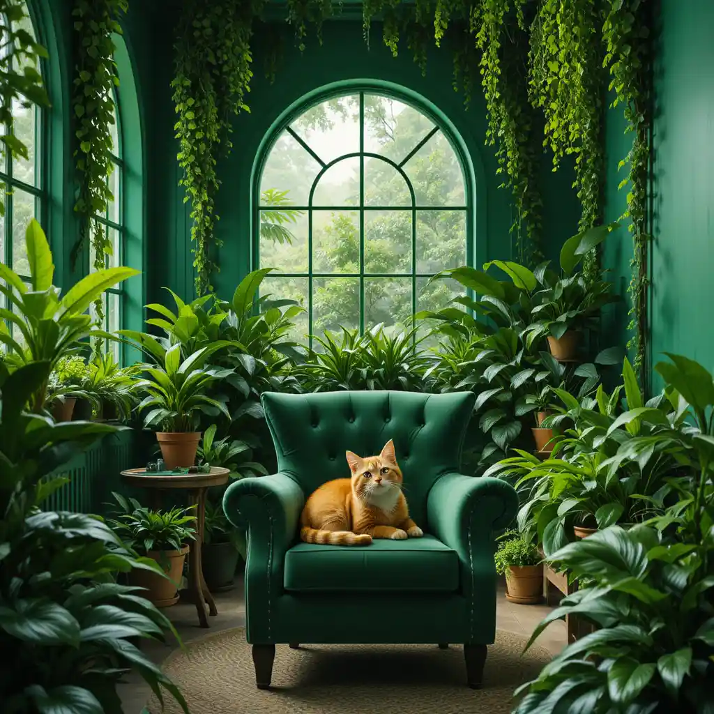 Orange tabby cat relaxing on a green armchair in jungle room