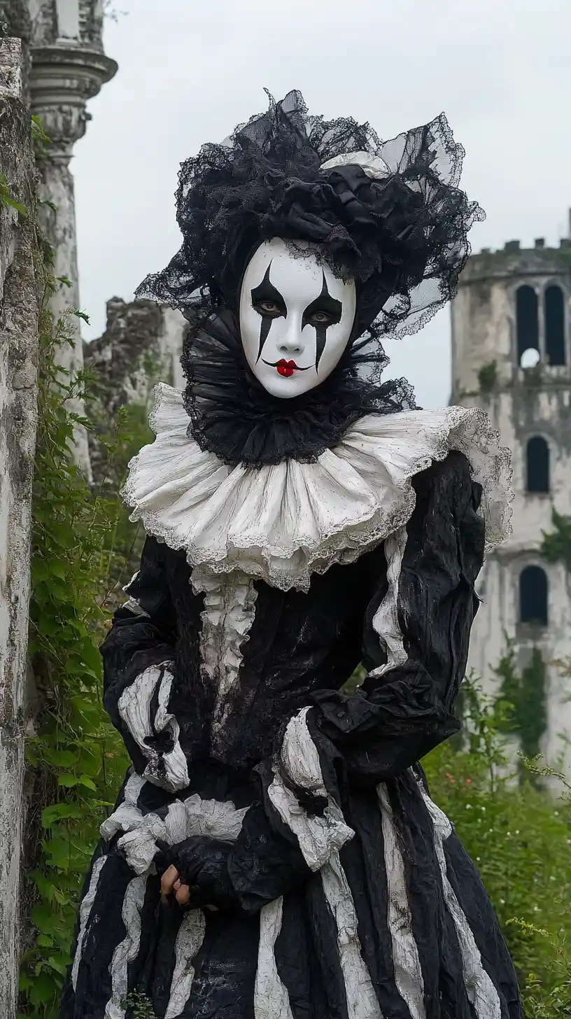 Harlequin figure standing alone in ancient castle ruins