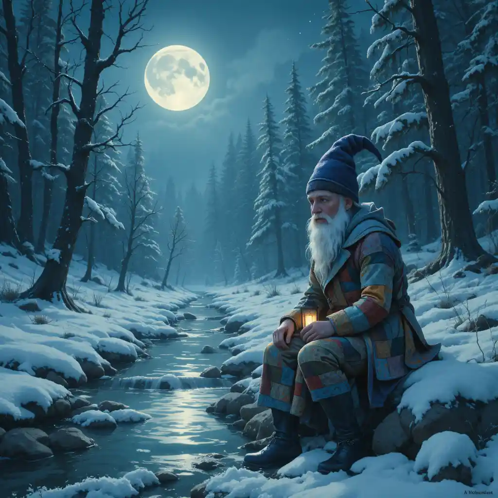 Contemplative gnome by a frozen stream in winter forest