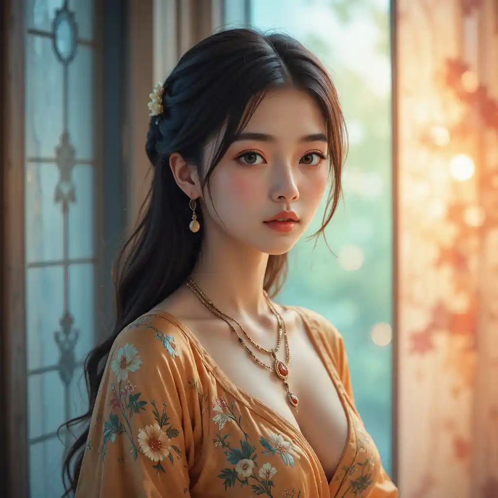 Young woman in golden floral top by glowing window