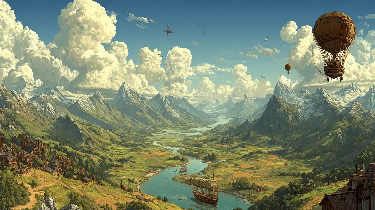 Colorful steampunk airships over a fantasy river valley