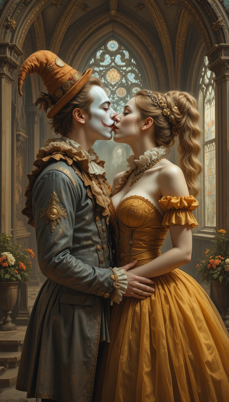 Clowns romantiques s’embrassant dans une peinture de château aux tons chauds