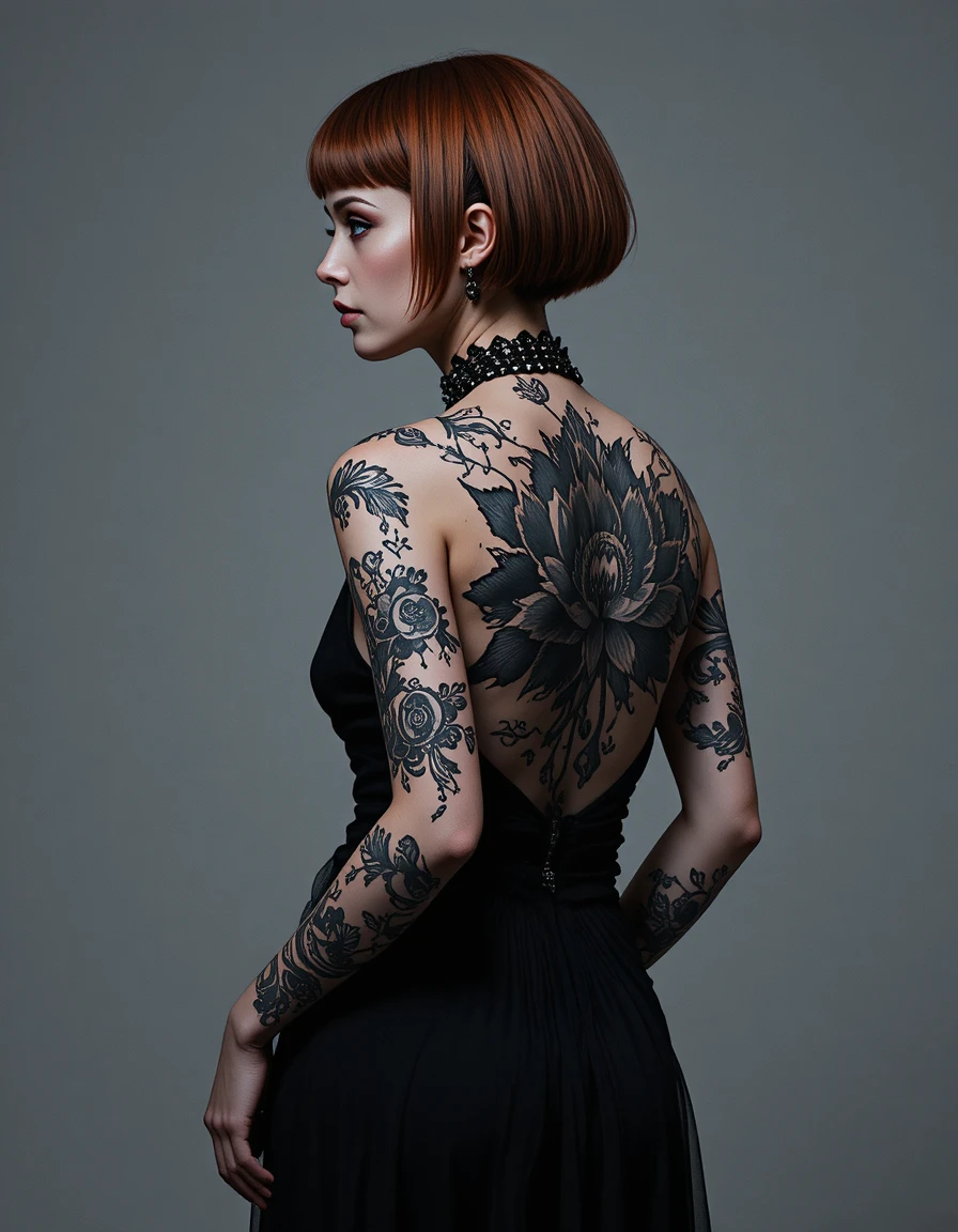 Elegant tattooed woman in black dress profile portrait
