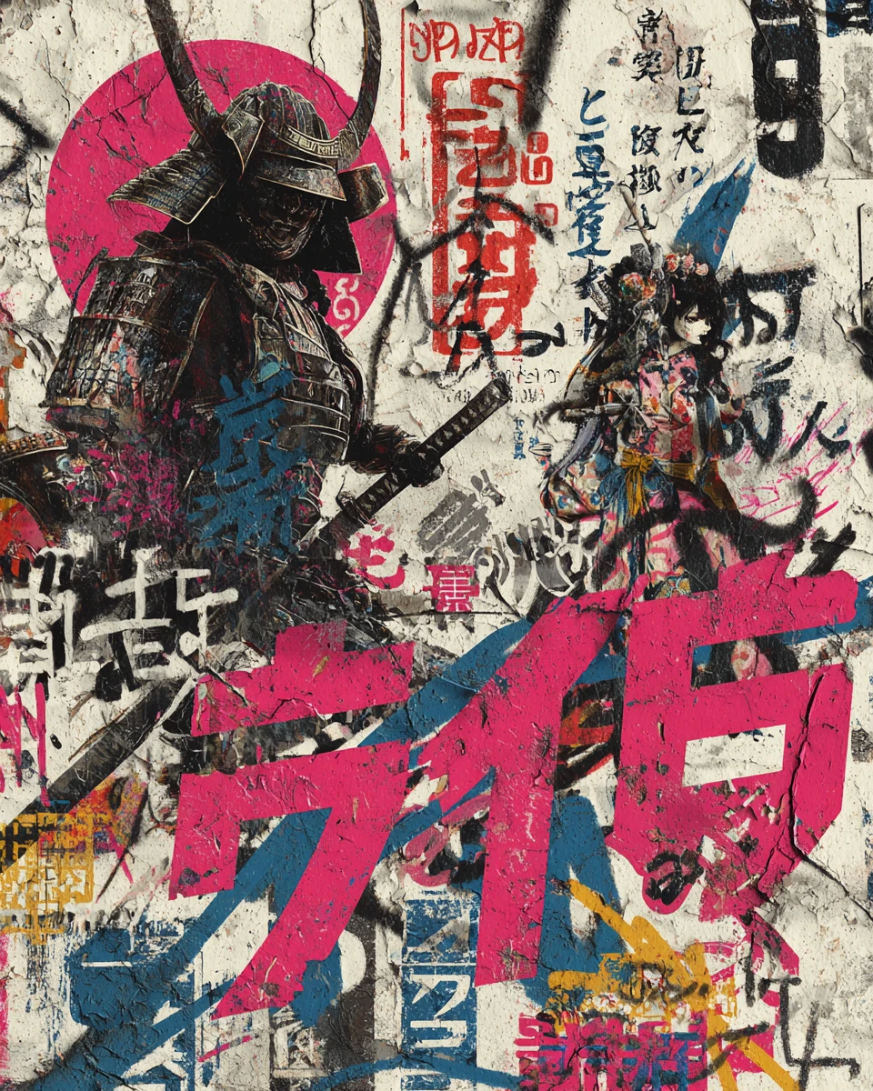 Póster samurái retrofuturista en paisaje urbano punk de Tokio