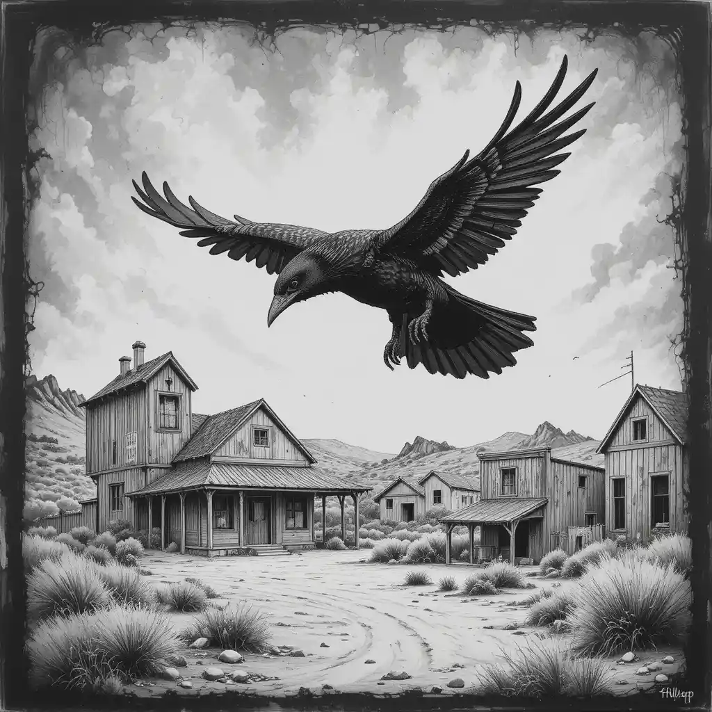 Corbeau Volant au-dessus d’une Ville Fantôme du Désert en Dessin à la Craie