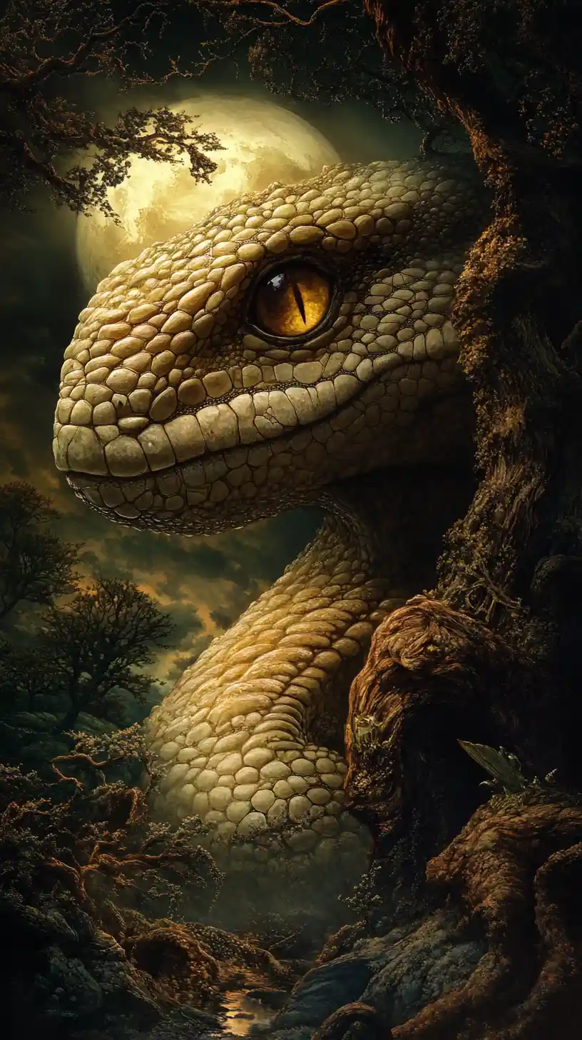 Surreal reptile emerging over a dark gothic landscape