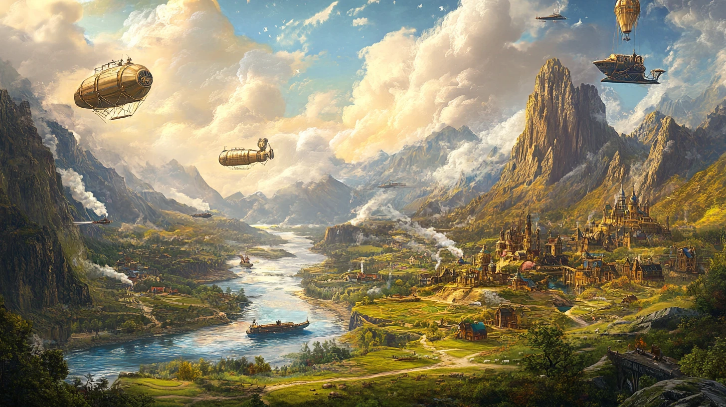 Steampunk Airships Over A River Valley Fantasy City