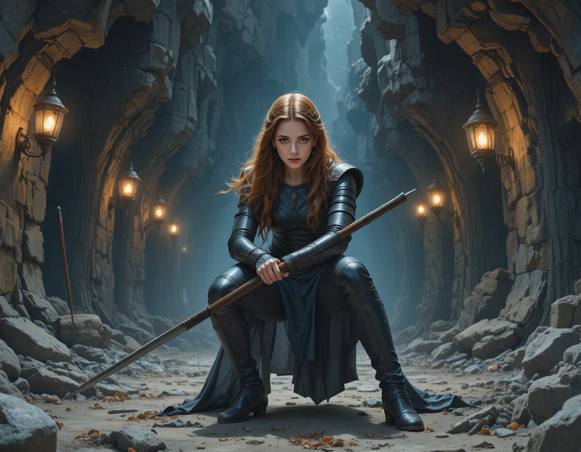 Nordic warrior woman with greatsword in torchlit cave
