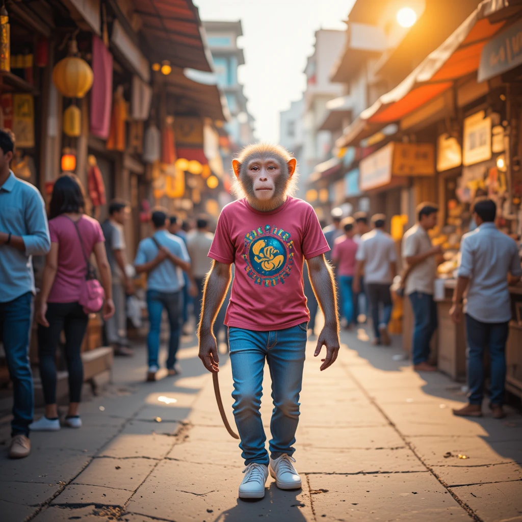 Monkey strolling through a busy indian street market