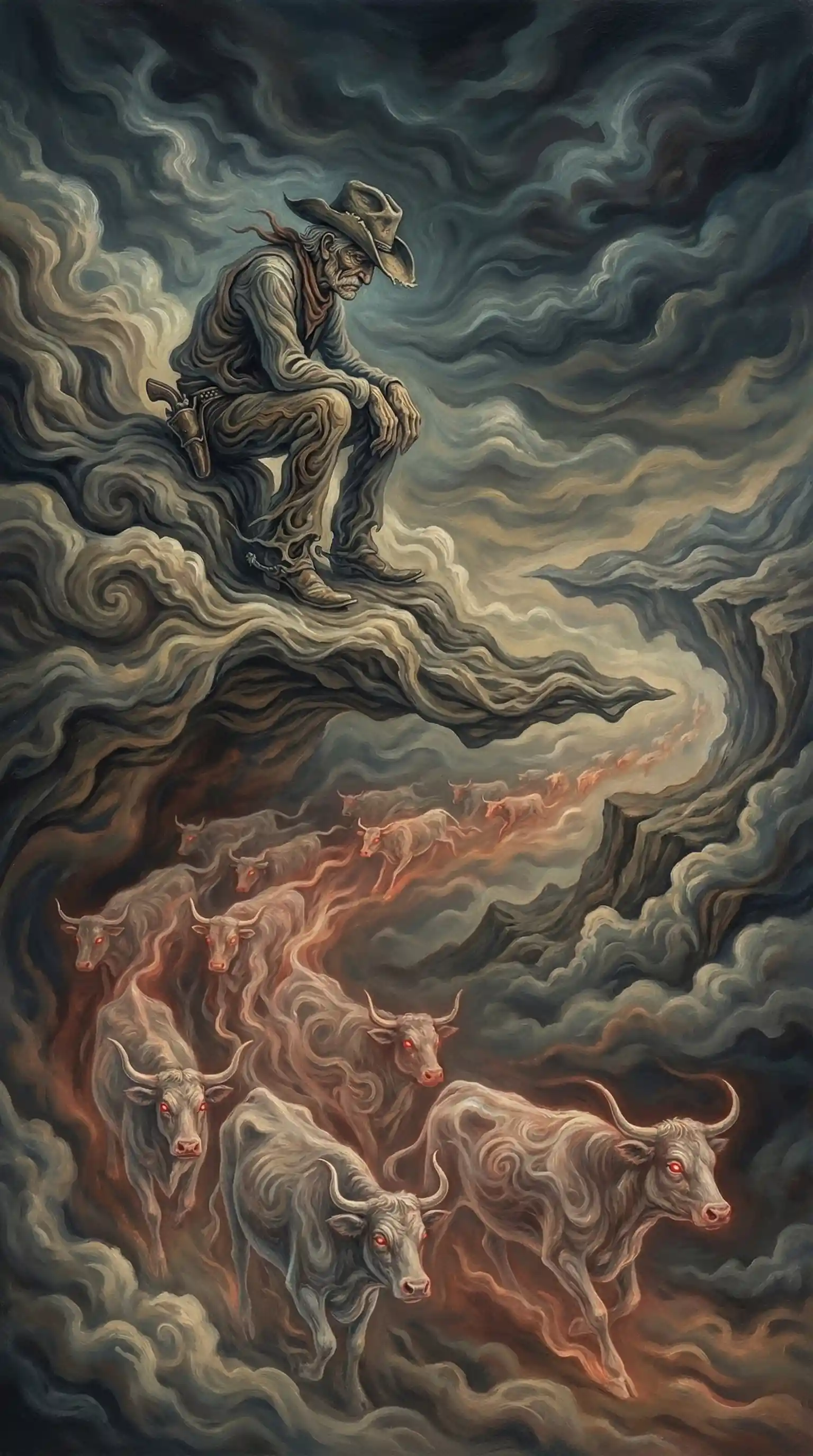 Old cowboy riding along a dark windy mountain ridge
