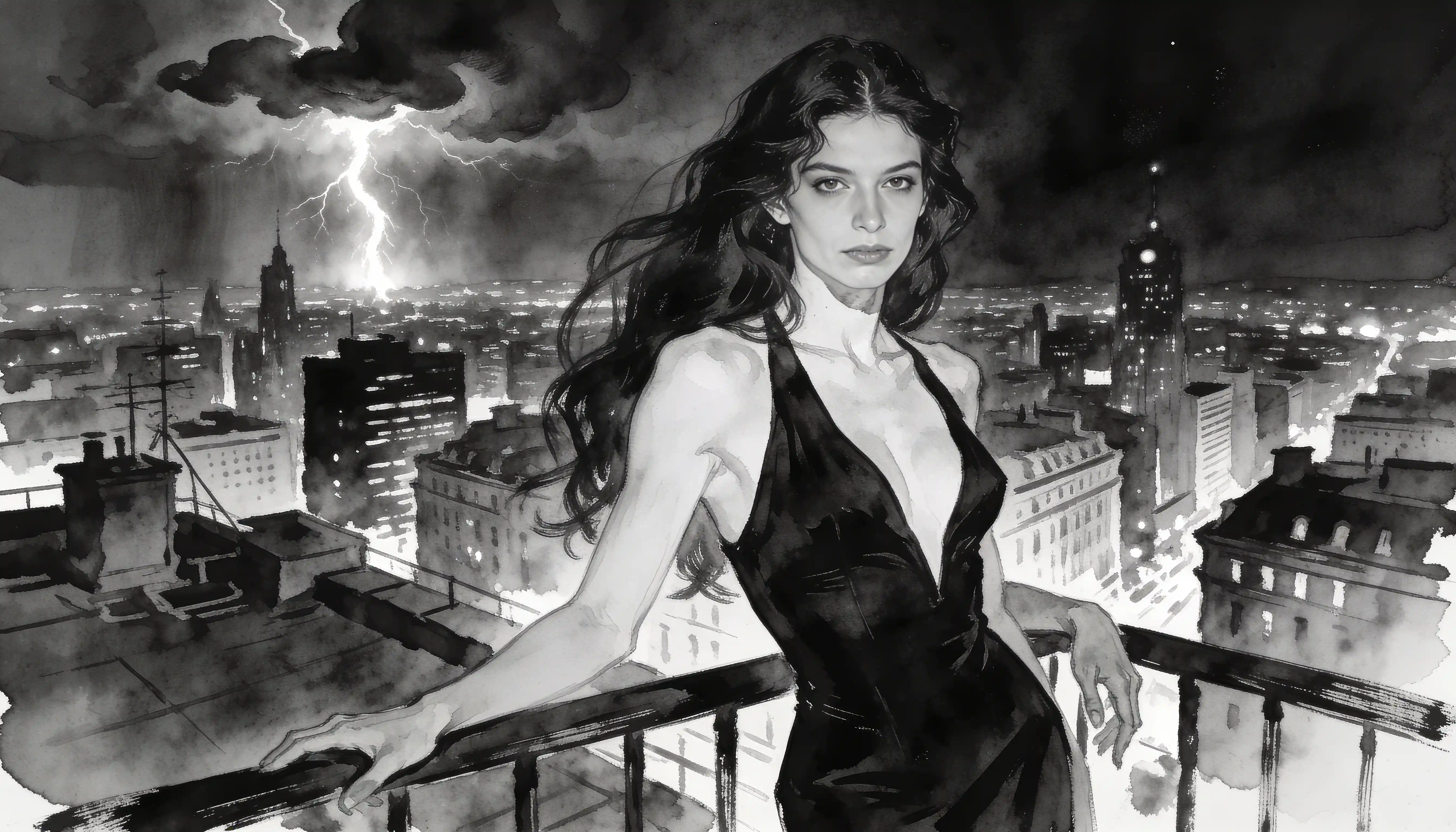 Elegant woman on a city rooftop in moody monochrome art