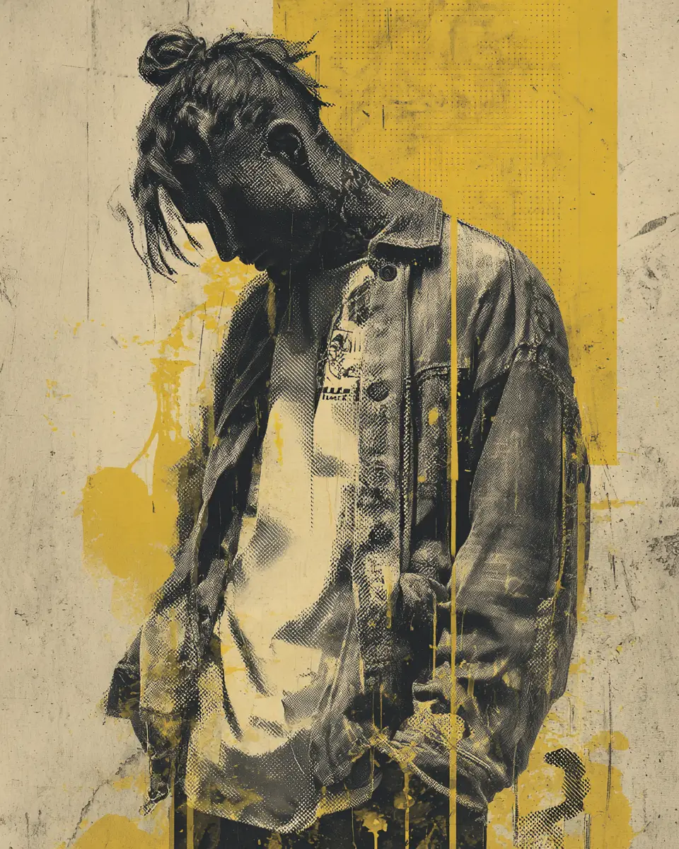 Gritty vintage portrait of tattooed man with yellow paint drips