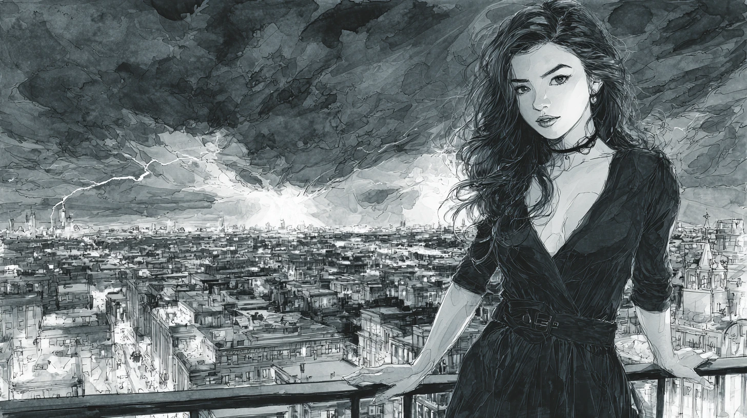 Elegant woman on a rooftop above a stormy city