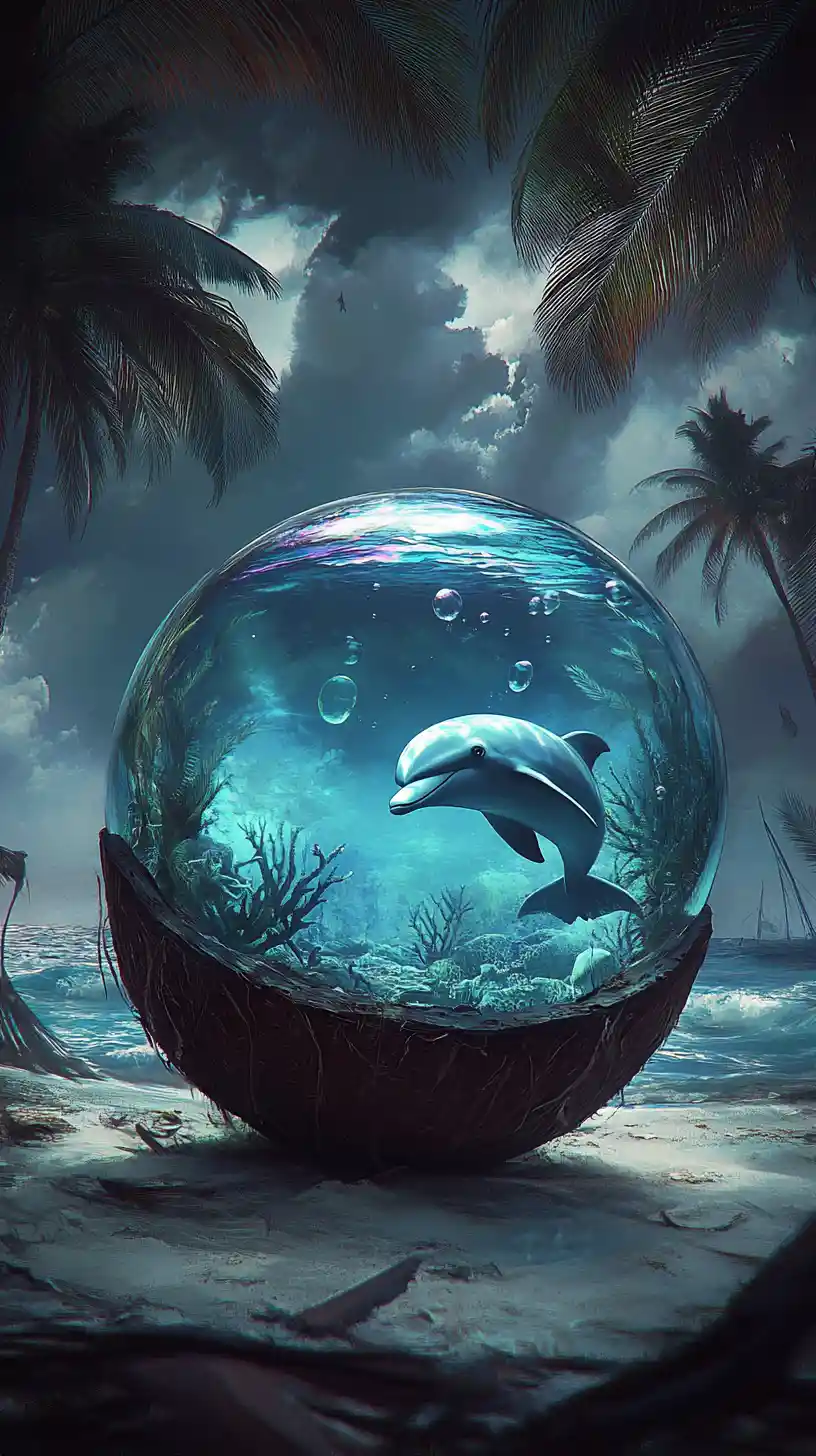 Ghostly dolphin inside a cracked coconut aquarium on shore