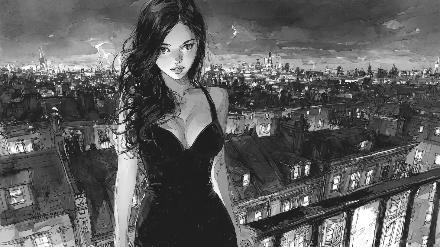 Elegant woman in black dress on night city rooftop