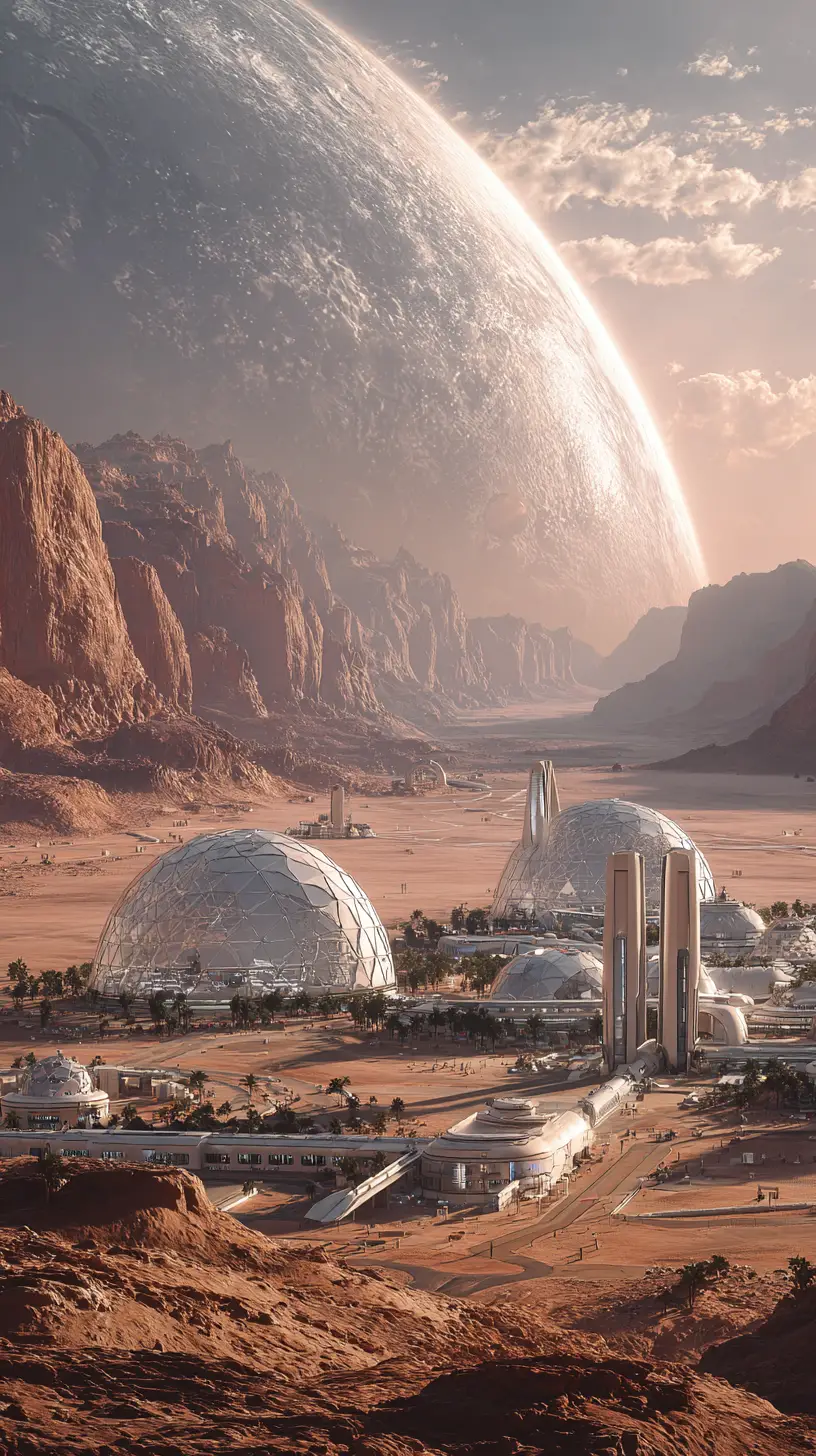 Futuristic Mars colony with domes and landing starships