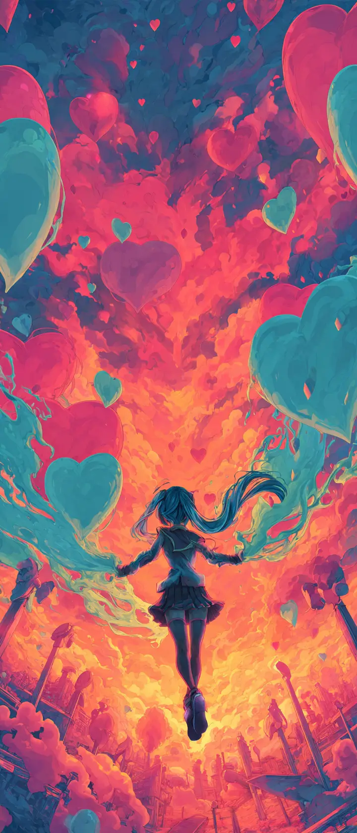 Anime girl floating in a cosmic sky of burning hearts