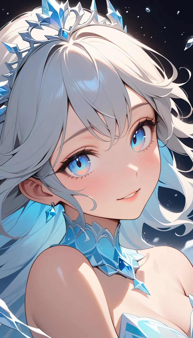 Ice princess close up with glowing blue aurora eyes