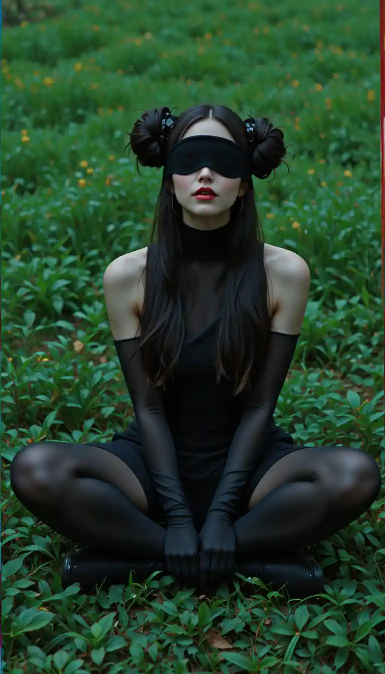 Blindfolded fashion woman sitting on lush green grass