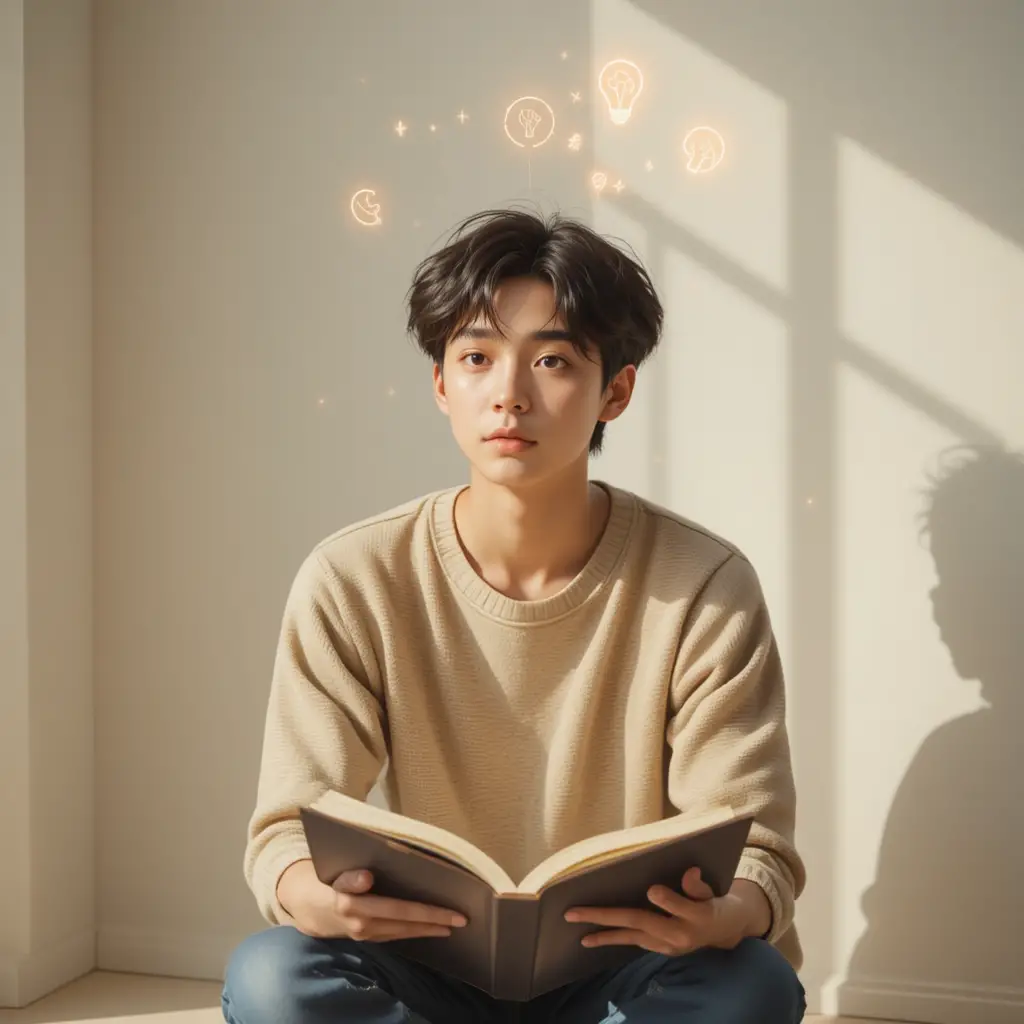 Curious young adult reading in a calm minimalist room