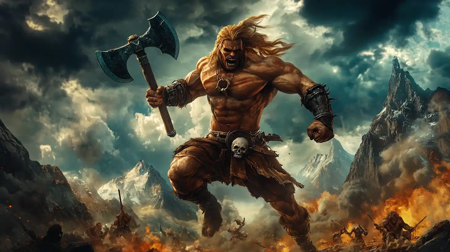 Barbarian warrior charges into battle under stormy skies