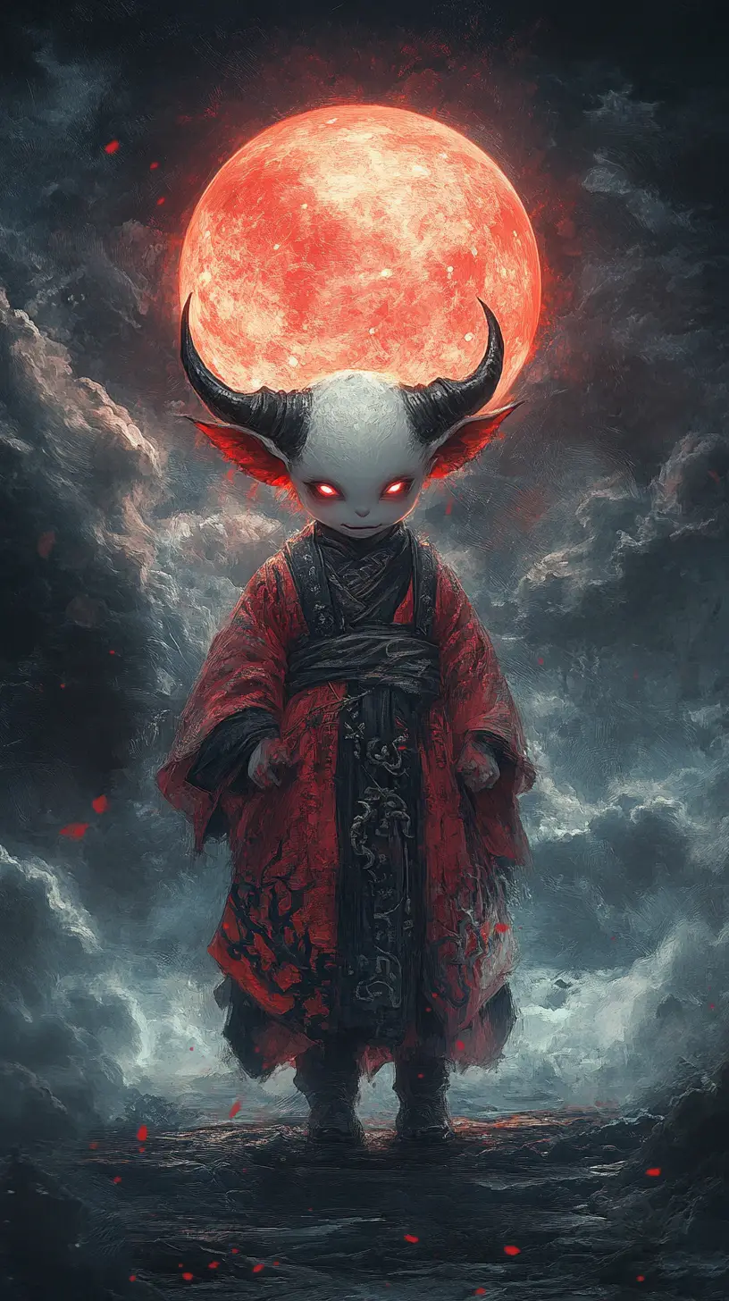 Chibi demon baby floating under a glowing red moon