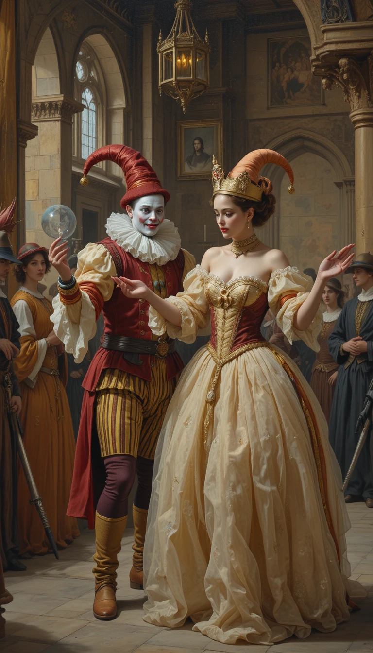 Clown uomo e clown donna che fanno magie in una sala del castello