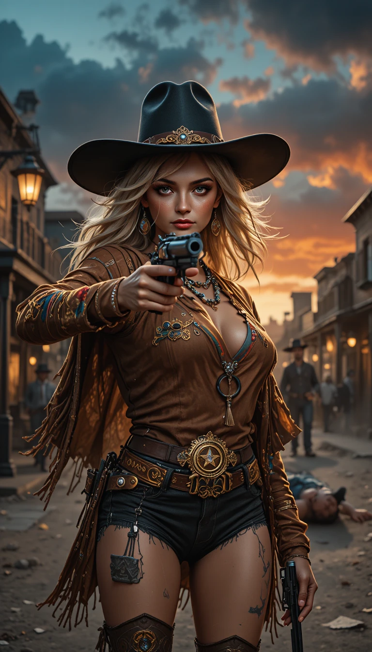 Female sheriff in a tense western standoff at dusk