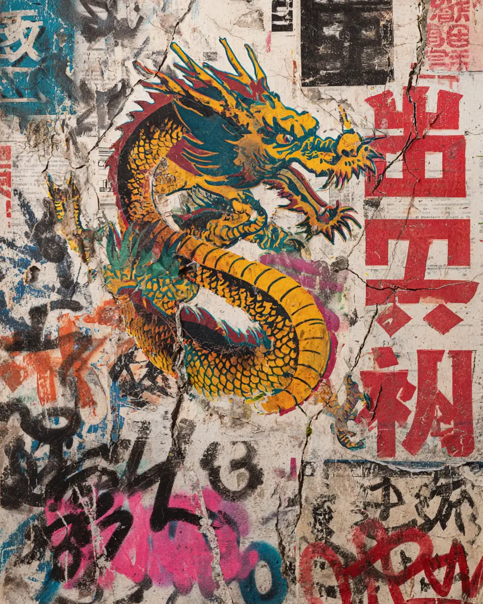 Retro futuristic Tokyo poster with dragon and tiger graffiti