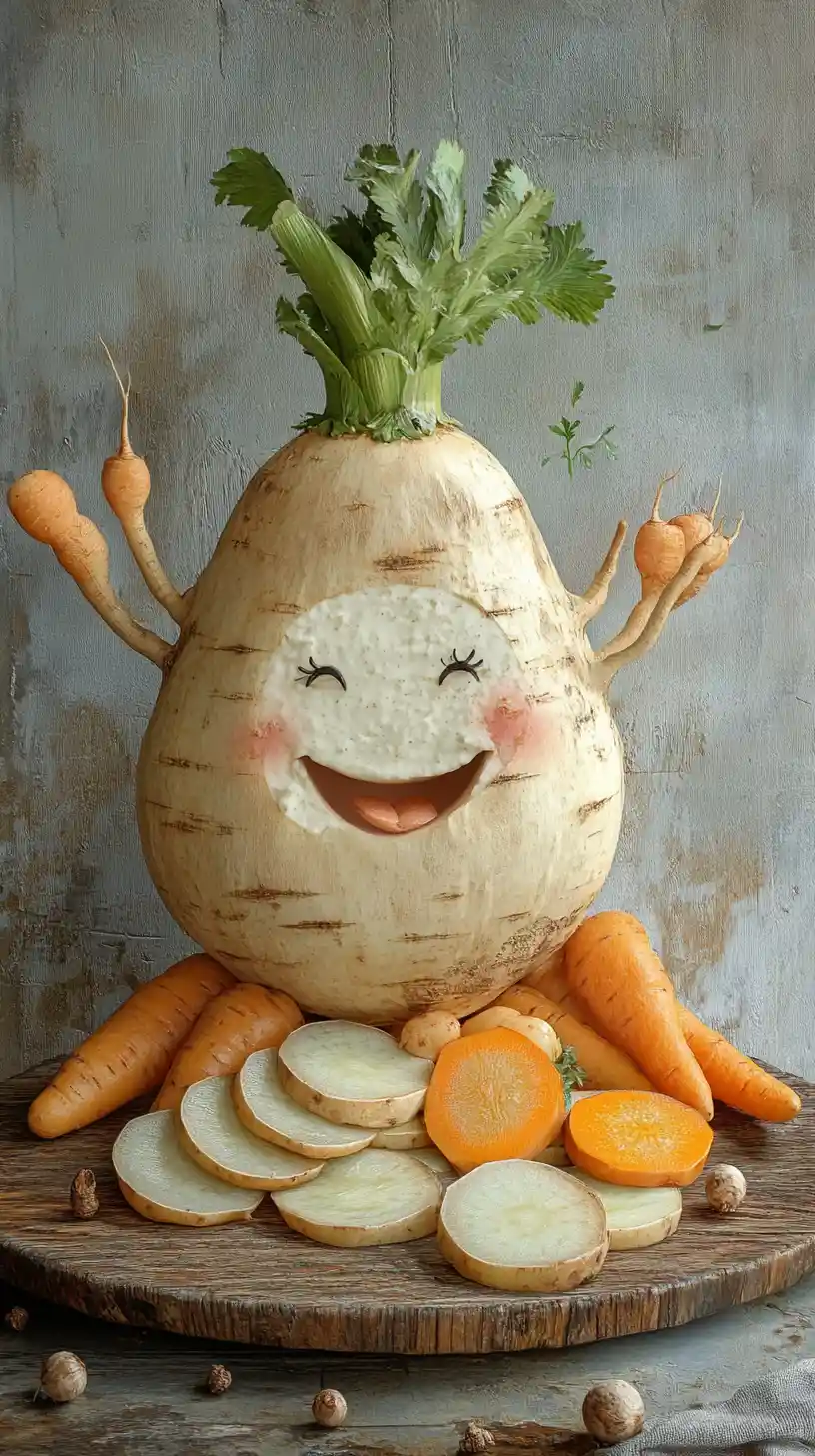 Nature morte fantaisiste de légumes souriants sur assiette en bois