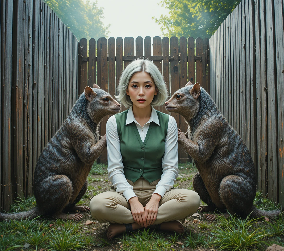 Elderly Asian woman and gorilla sitting side by side
