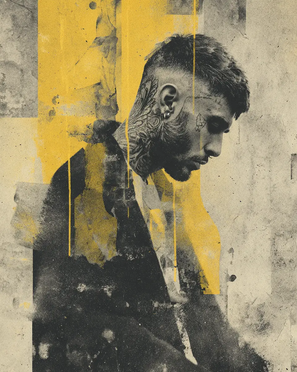 Gritty vintage portrait of tattooed man on concrete wall