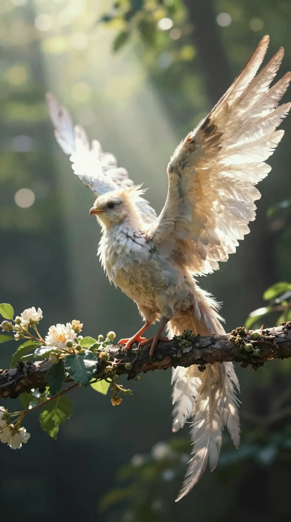 Winged forest sprite resting on a flowered branch