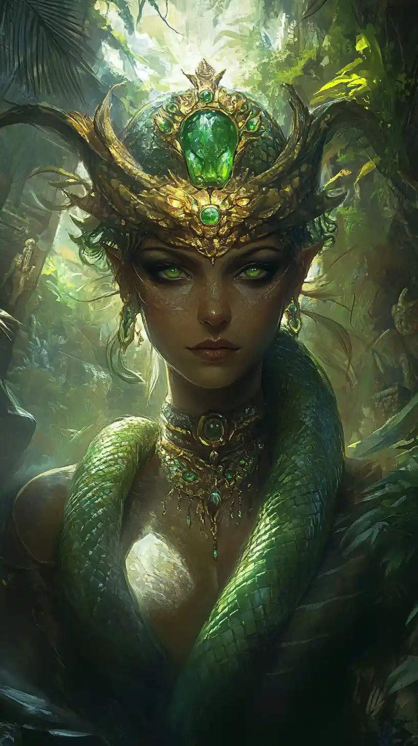 Majestic snake queen in a sunlit jungle temple