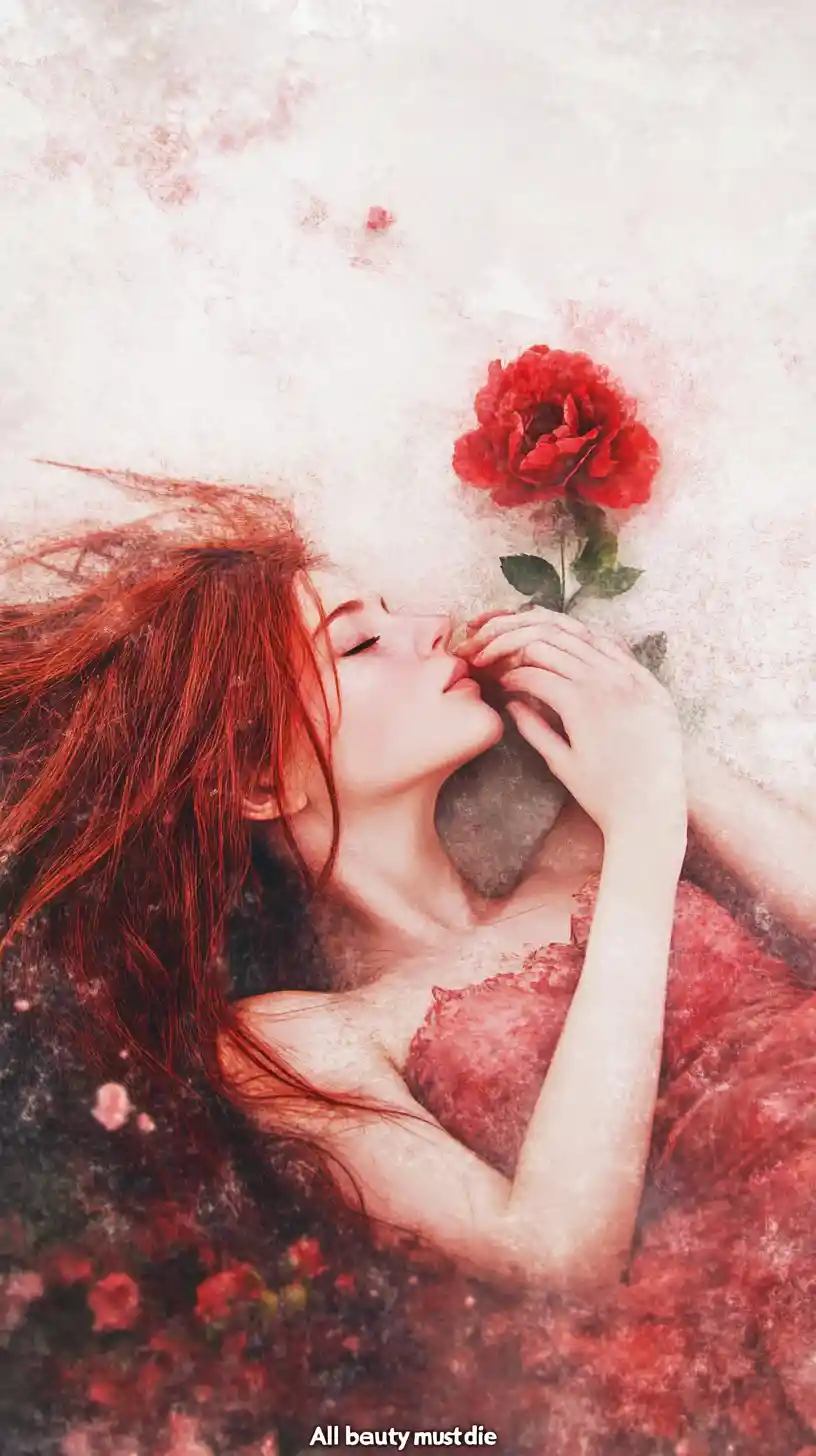 Woman lying on a quiet river bank with a rose