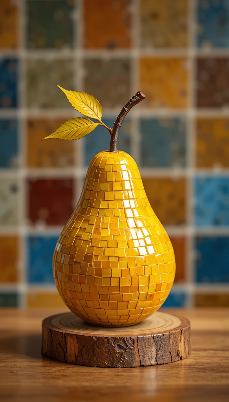 Yellow mosaic pear sculpture on wooden base in warm light