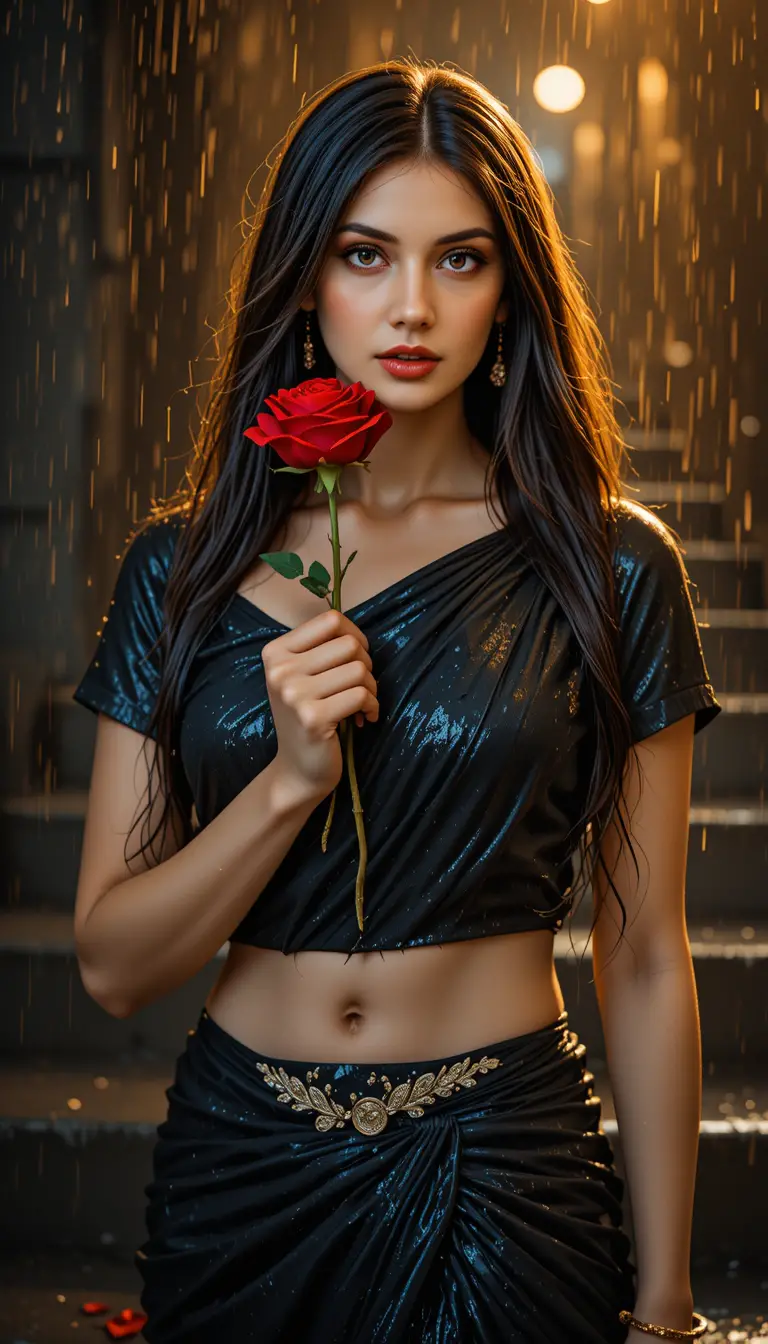 Indian woman with rose in her teeth in the rain
