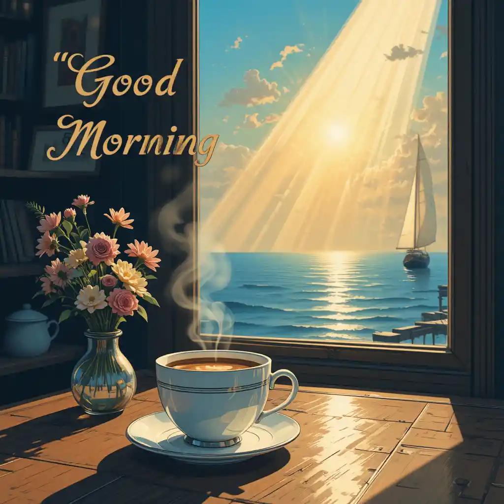 陽光灑落桌面的早晨咖啡，搭配花朵與文字