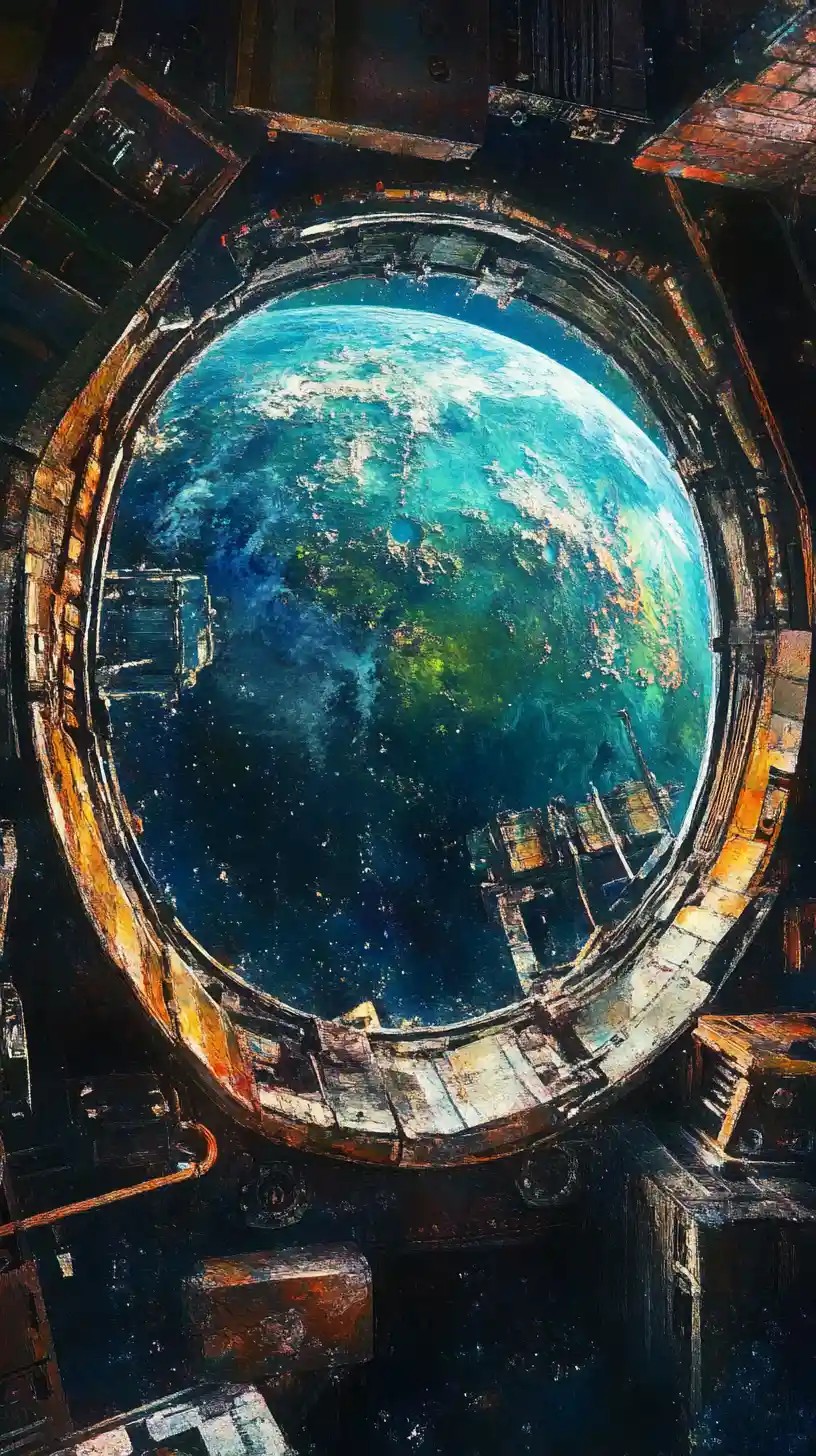 Abandoned spaceship interior with planet through wide window