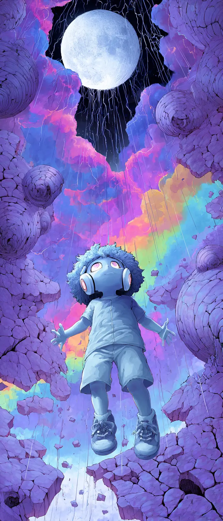 Anime child floating among cracked vinyl moons in space