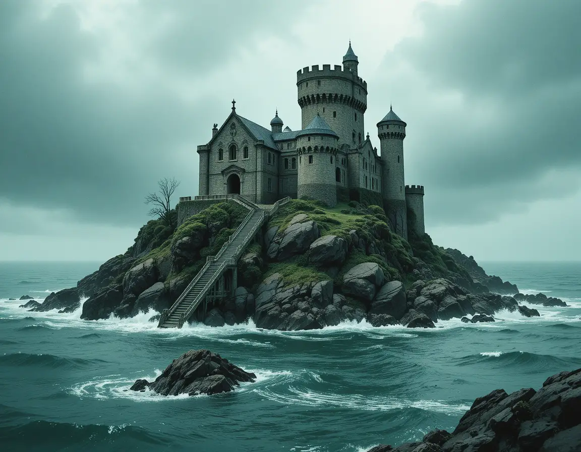Stormy sea fortress on a rocky island watercolor painting