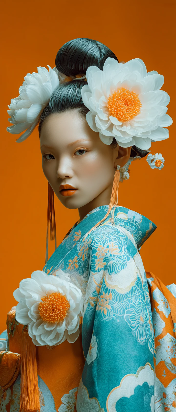 鮮豔橘色背景前的華麗花卉和服女子
