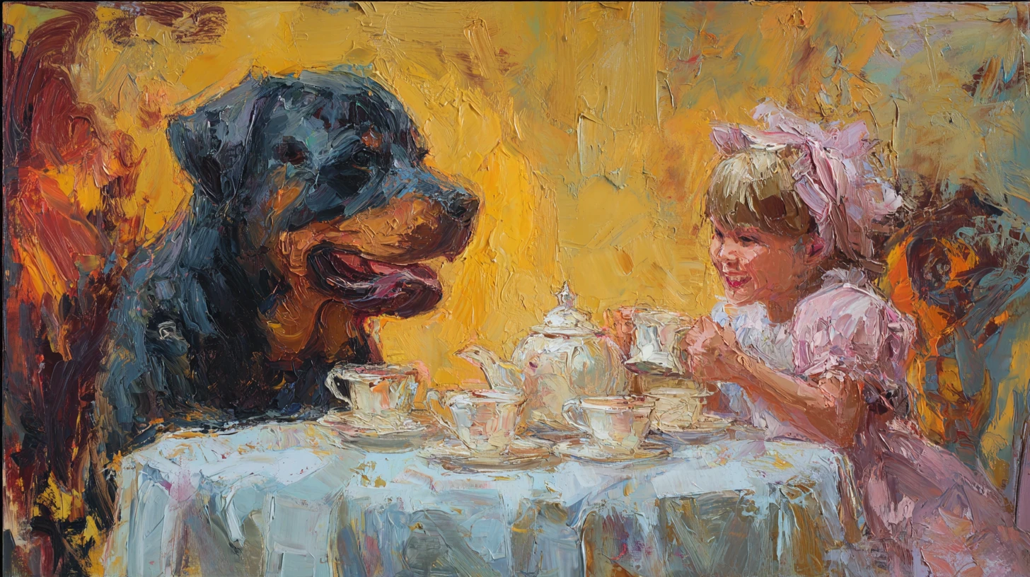 Expressionist tea party with dog and little girl by hearth