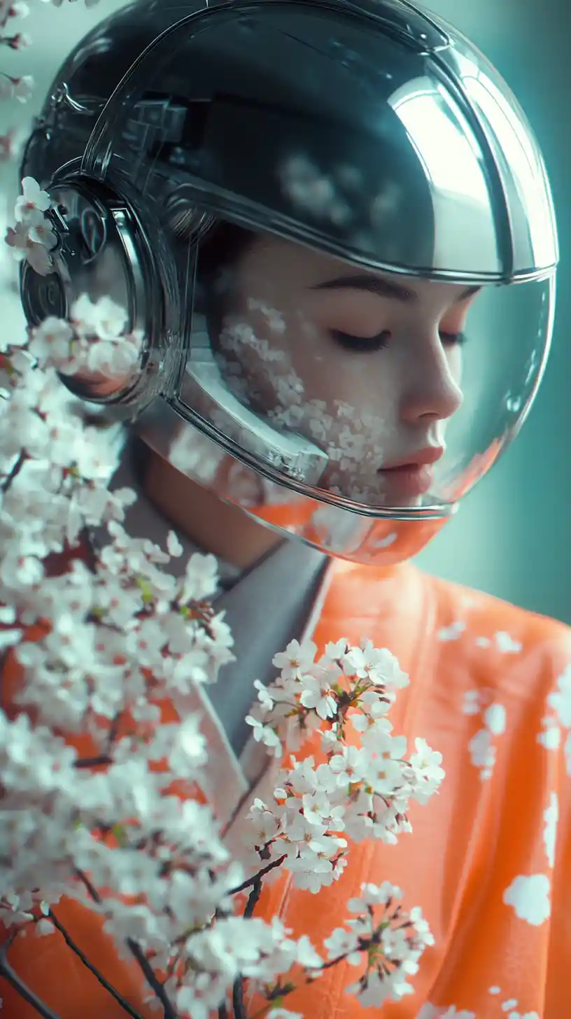 Cyborg woman in orange kimono holding white cherry blossoms